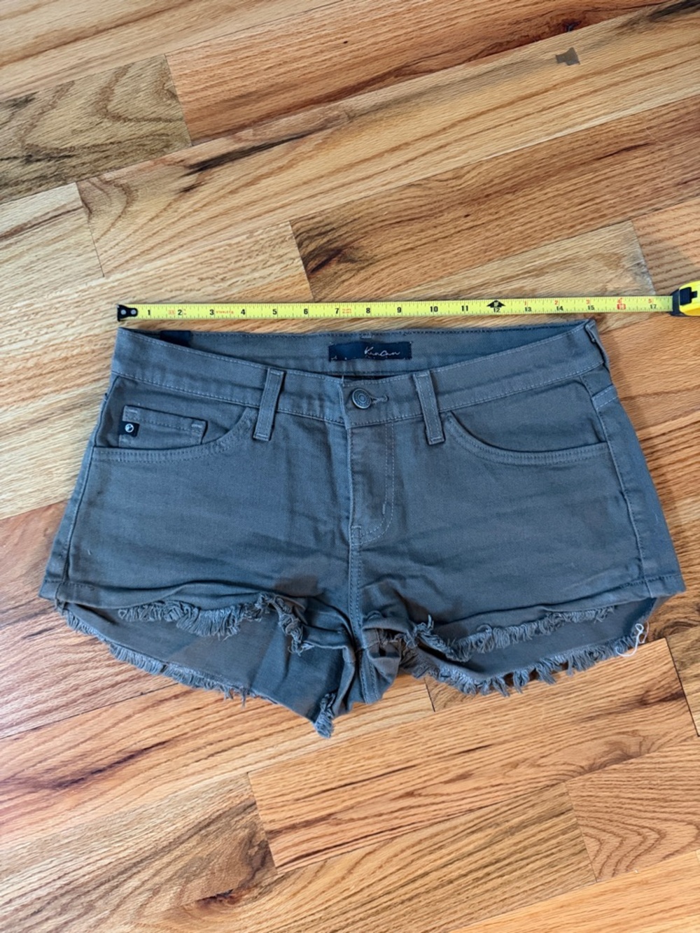 Kancan Buckle Olive Frayed Hem Denim Shorts Size 27